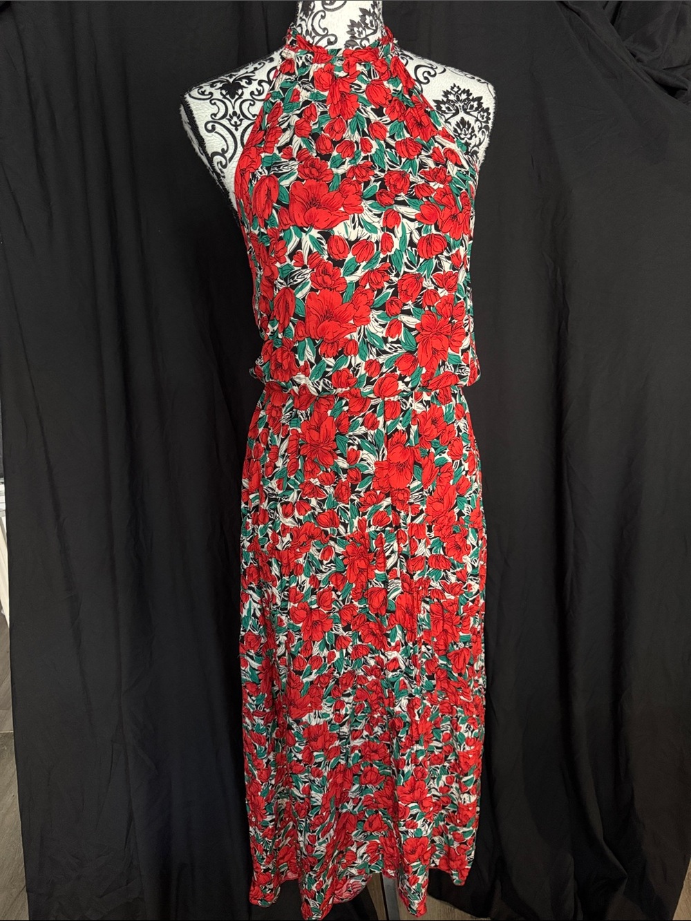 Red floral halter maxi dress